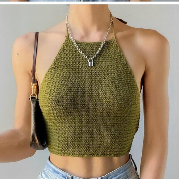 Urban Outfitters Tops - Urban Outfitters Women's Size Medium Backless Crochet Halter Top Olive Green Tie
